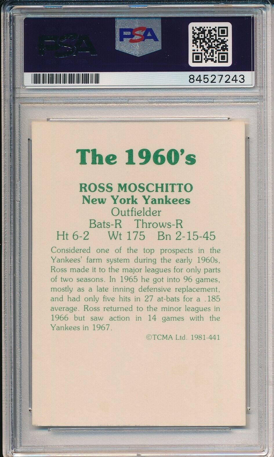 Ross Moschitto Yankees Signed/Autographed 1981 TCMA Card #441 PSA/DNA 166601