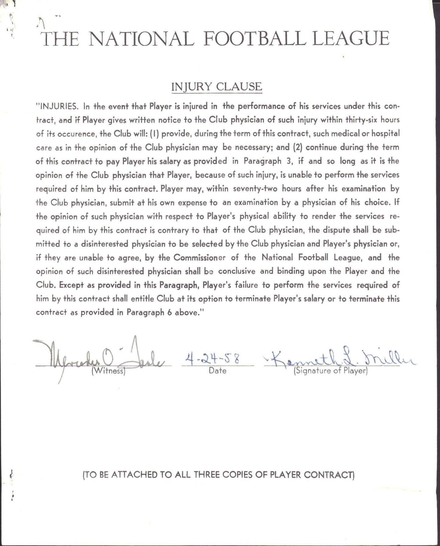 Kenneth Miller Autographed 1958 NFL Injury Clause Letter