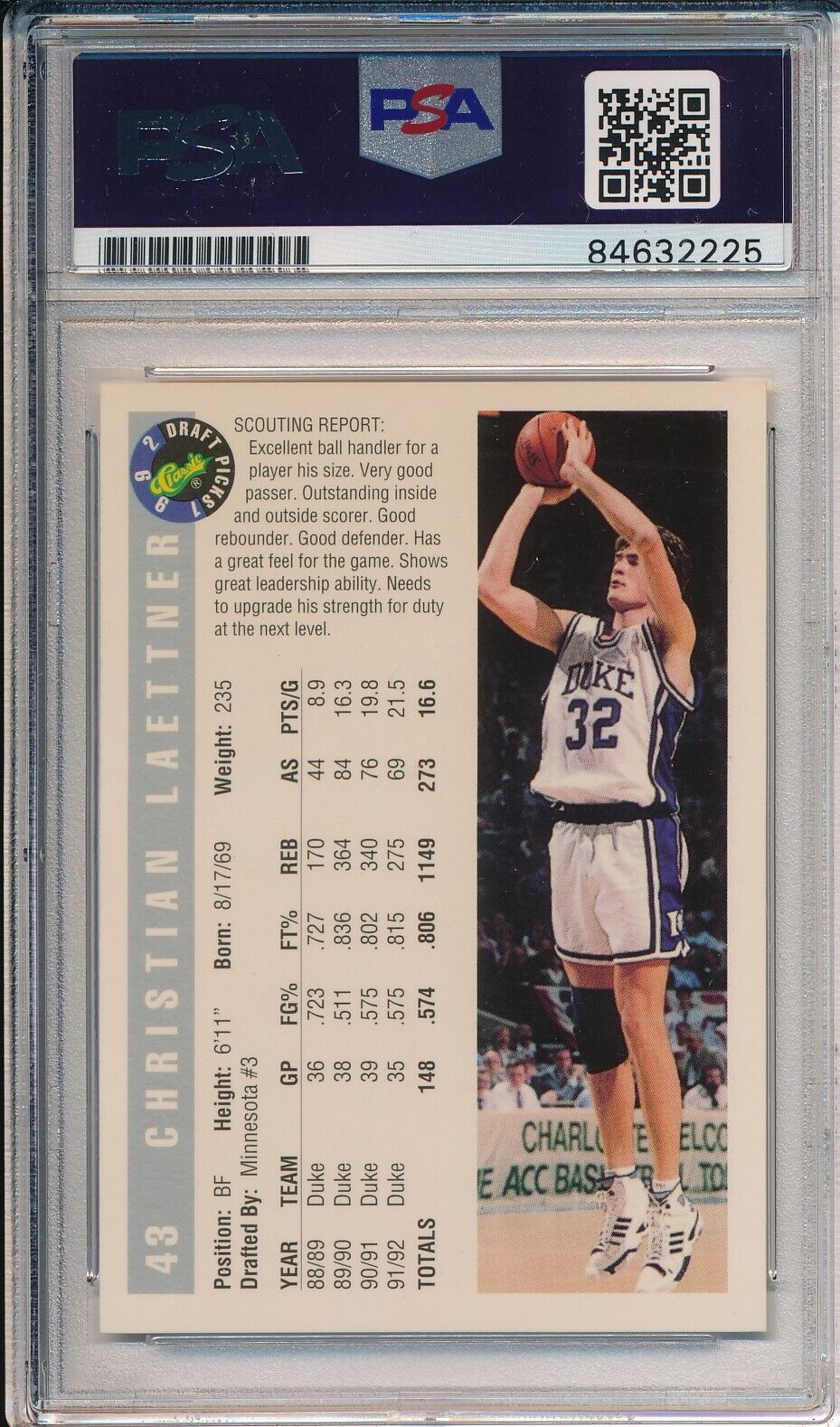 1992-93 Classic Draft Rookie Christian Laettner #43 Card Signed Wolves PSA/DNA