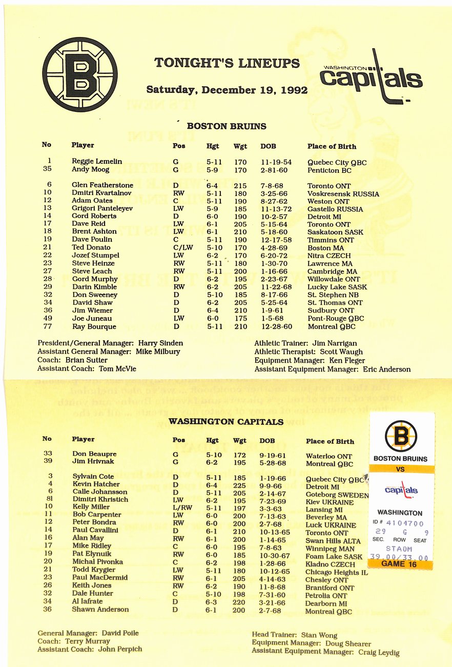 December 19 1992 Boston Bruins vs Capitals Game Program/Ticket Stub 182003