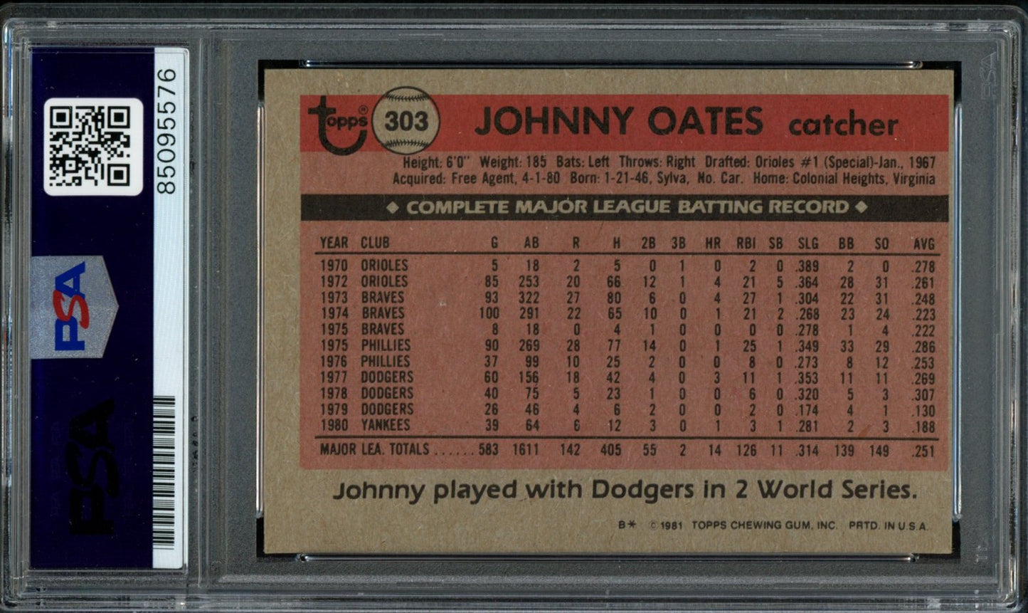 Johnny Oates Autographed 1981 Topps Card #303 Yankees PSA/DNA 184061
