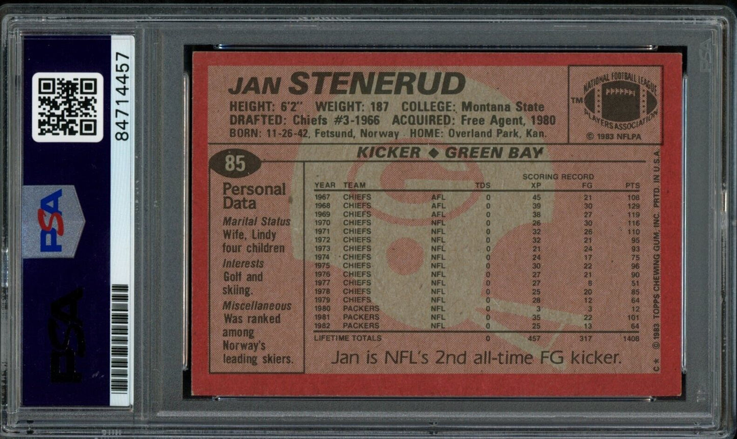 1983 TOPPS Jan Stenerud HOF #85 Authentic Card Signed Packers PSA/DNA 176695