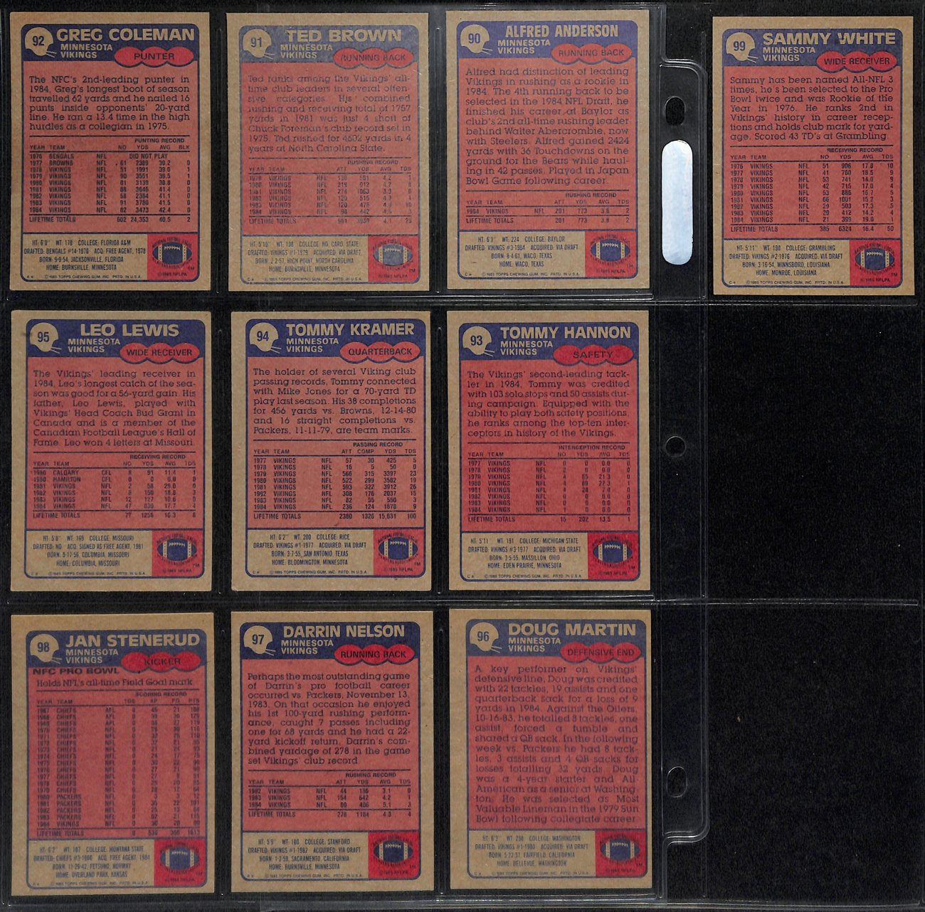 1985 TOPPS Football Minnesota Vikings Complete Team Set 10/10 Cards 189275