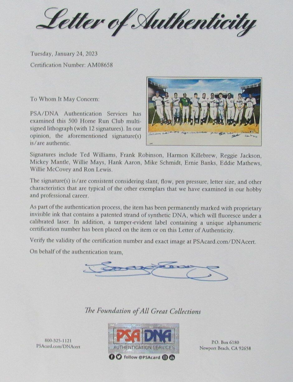 500 Home Run Club Signed by 11 Mantle Mays ++ 32x38 Print Framed PSA/DNA 177529
