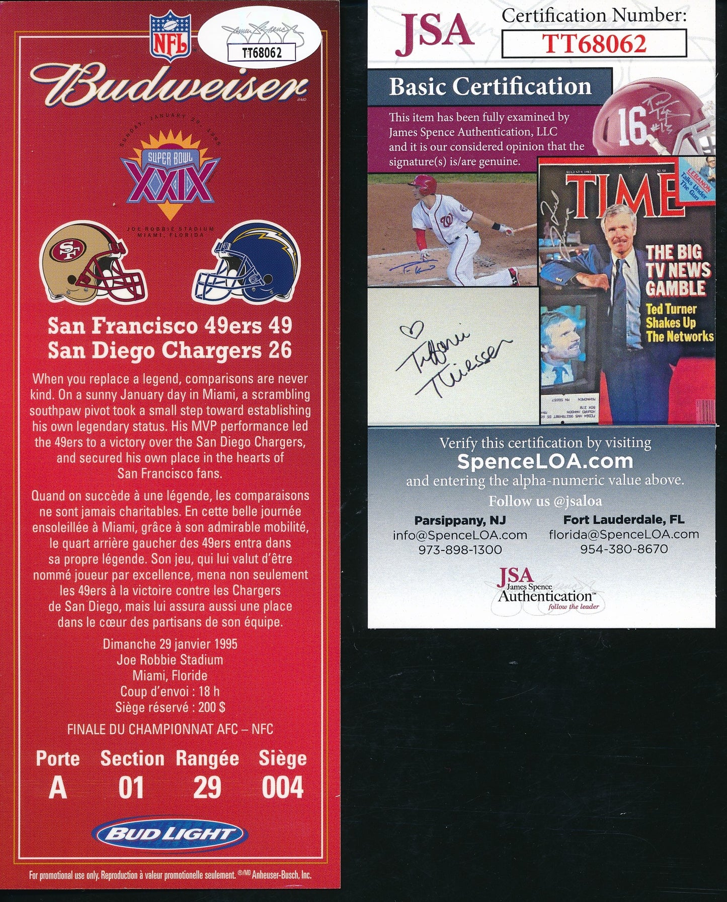 Jerry Rice HOF Signed/Auto Super Bowl XXIX Replica Full Ticket JSA 188038
