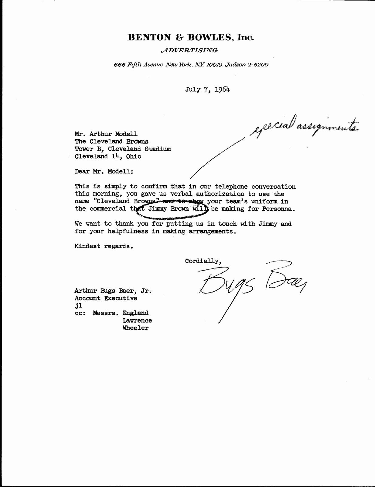 July 7, 1964 Letter to Browns Art Modell for Jim Brown Personna Ad 145005