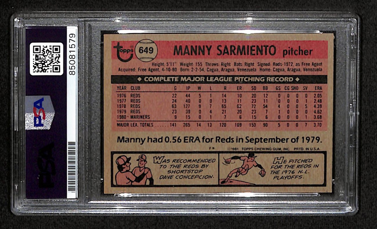 Manny Sarmiento Signed 1981 Topps Card #649 Seattle Mariners PSA/DNA 184519