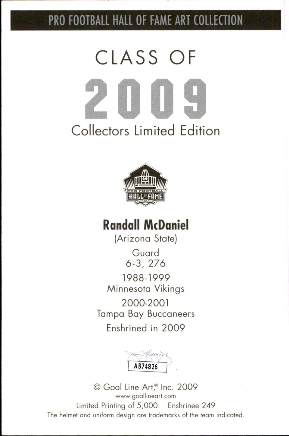 Randall McDaniel HOF Autographed/Inscr Goal Line Art GLAC Postcard Vikings JSA