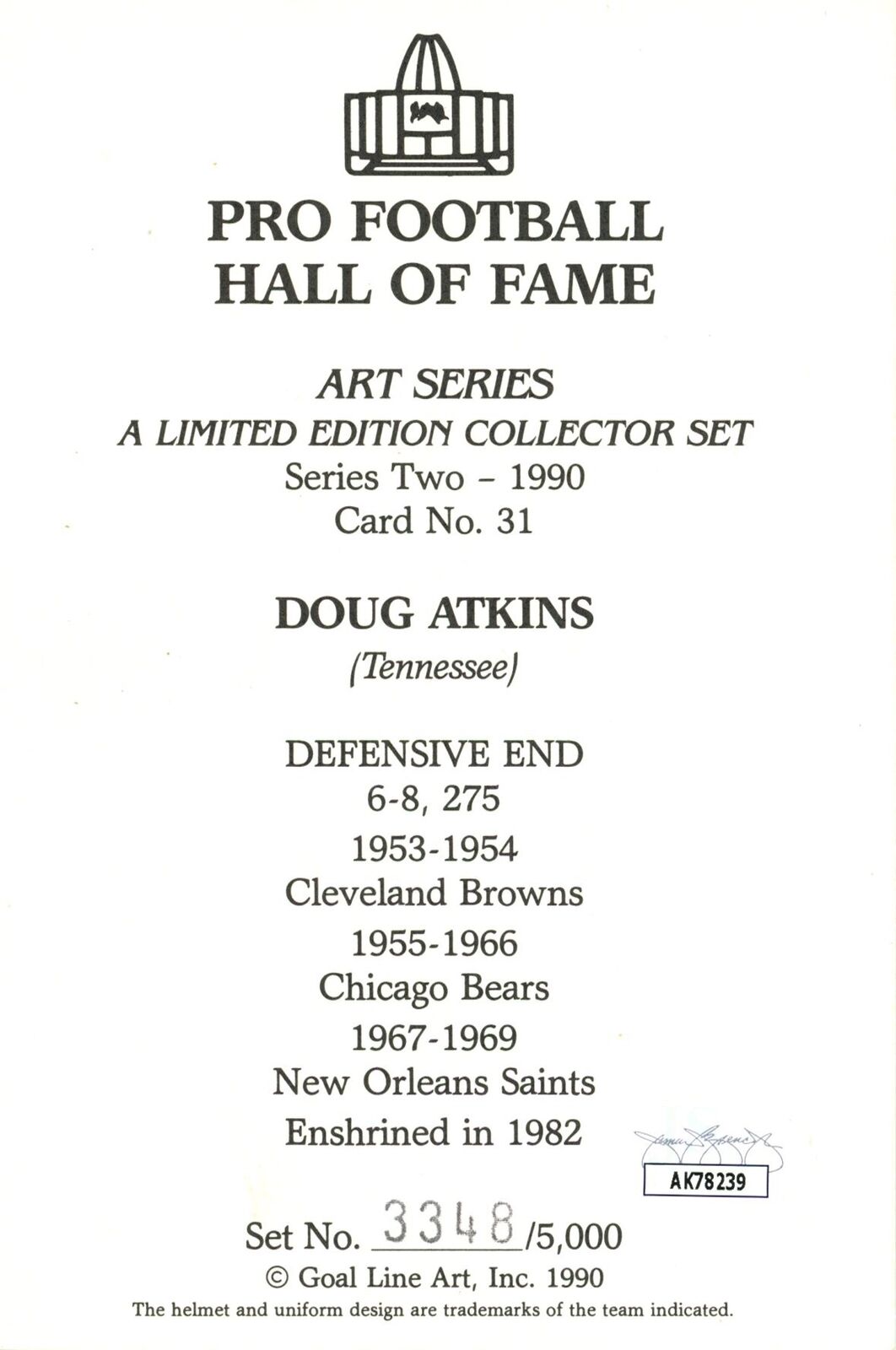 Doug Atkins HOF Autographed Goal Line Art GLAC Postcard Bears JSA 180899