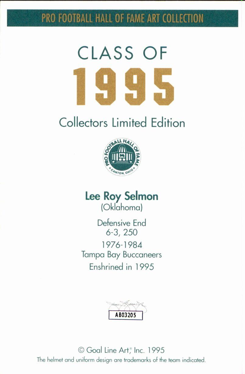 Lee Roy Selmon Buccaneers Signed/Inscr Goal Line Art GLAC Postcard JSA 167093