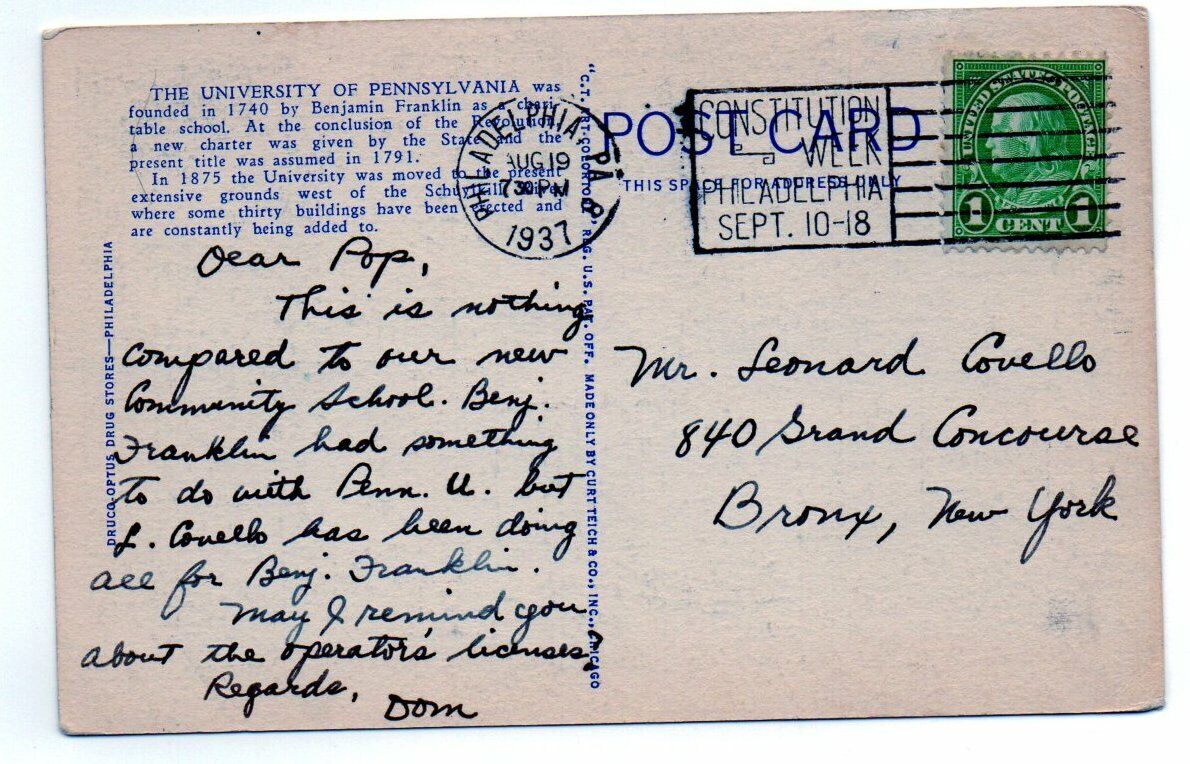 Vintage Postcard of University of Pennsylvania Stadium Postmarked 1937 143514