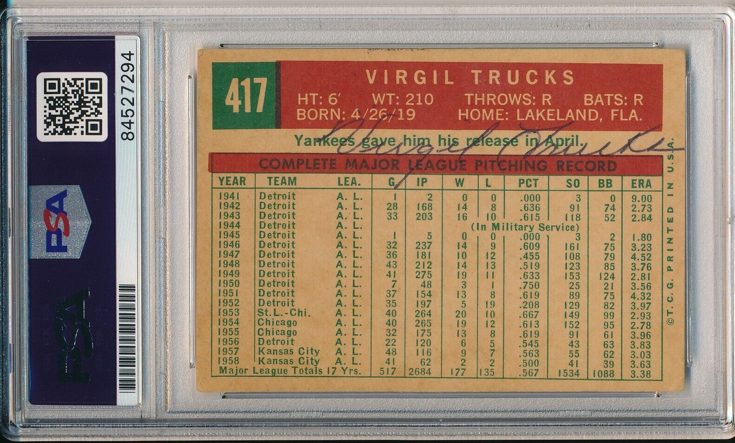 Virgil Trucks Yankees Signed/Autographed 1959 TOPPS Card #417 PSA/DNA 166529