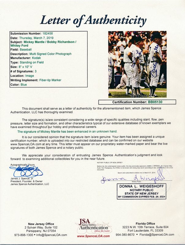 Mickey Mantle/Whitey Ford/Bobby Richardson Dual-Signed 8x10 Photo JSA 142423