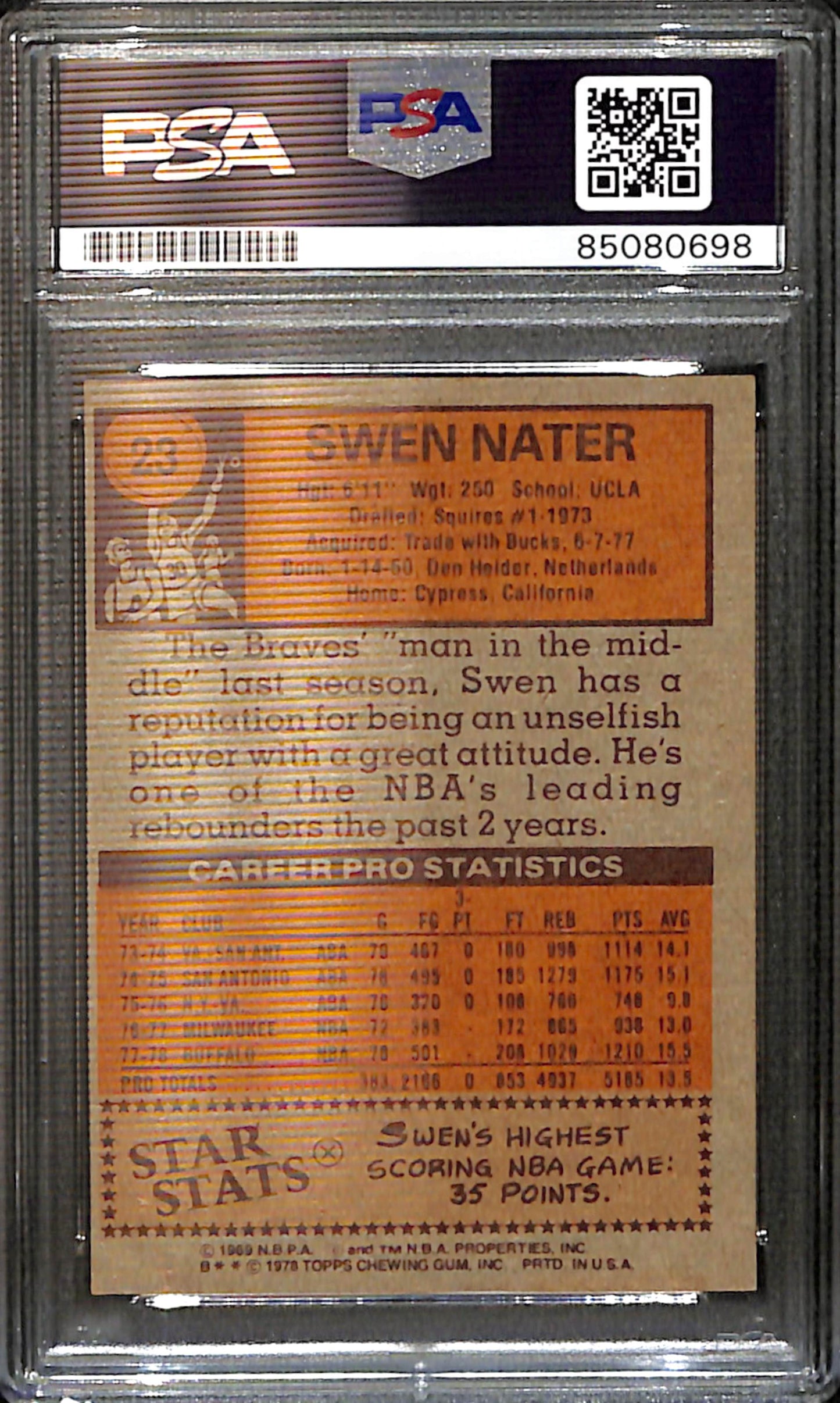 Swen Nater Signed/Auto 1978 Topps Card #23 Buffalo Braves PSA/DNA 185405