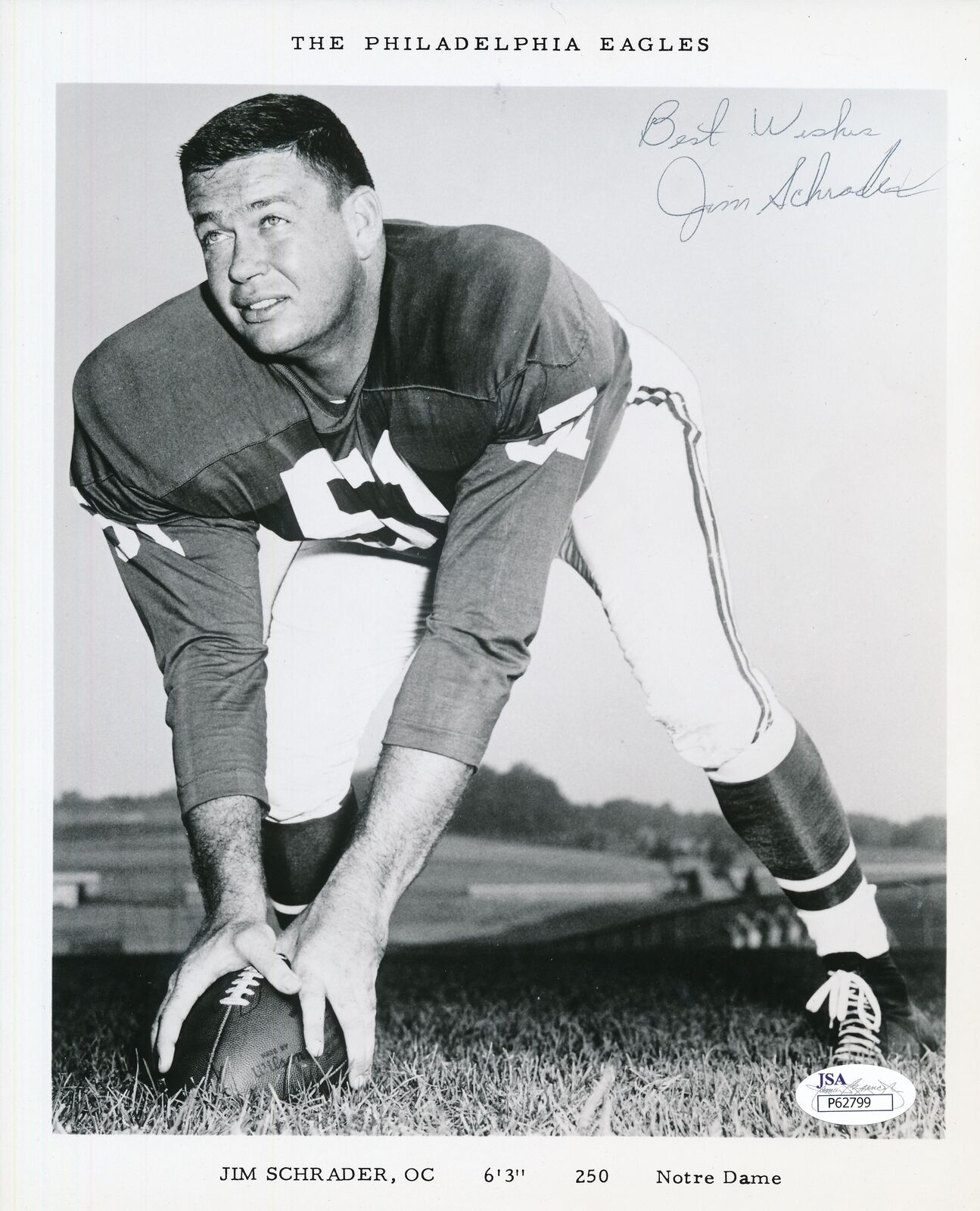 Jim Schrader Eagles Redskins Notre Dame RARE Signed 8x10 Photo JSA 156984