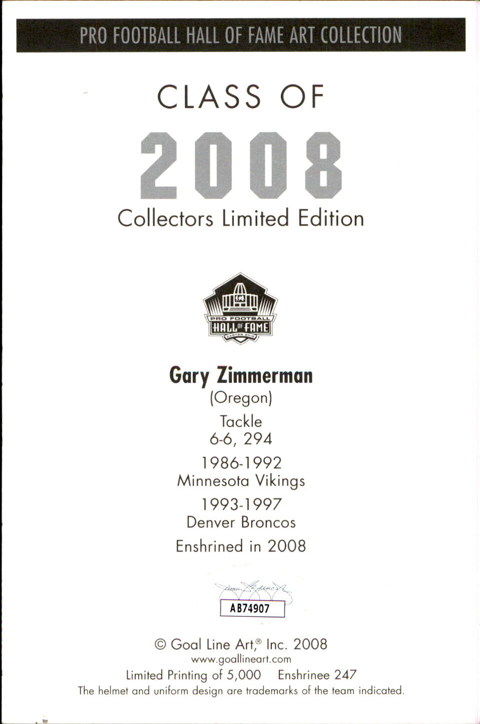 Gary Zimmerman HOF Autographed/Inscribed Goal Line Art GLAC Postcard Broncos JSA