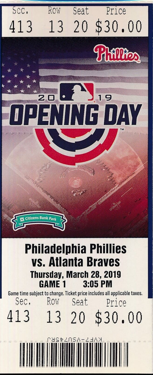 Bryce Harper March 28, 2019 Opening Day Phillies 1st Game Debut Full Ticket