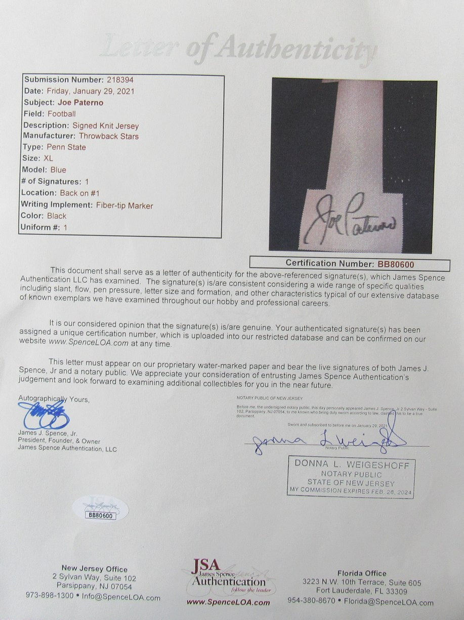 Joe Paterno Autographed Jersey Penn State Framed JSA with Full LOA 188611