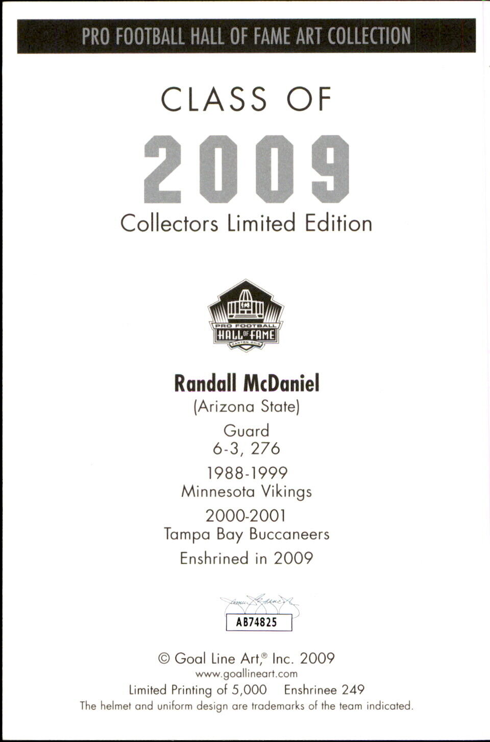 Randall McDaniel HOF Autographed/Inscr Goal Line Art GLAC Postcard Vikings JSA