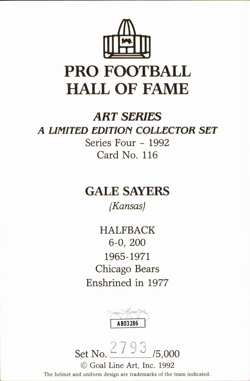Gale Sayers HOF Bears Signed/Inscr Goal Line Art GLAC Postcard JSA 167176