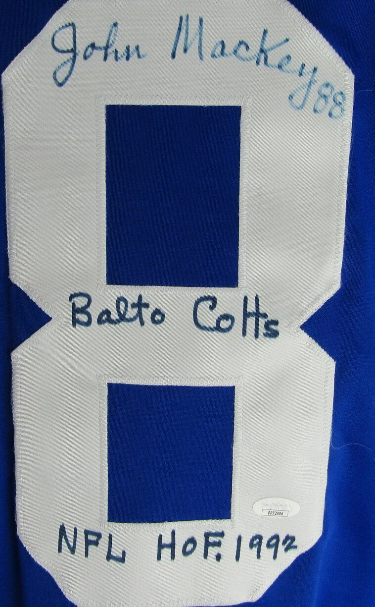 John Mackey HOF Signed/Inscr Baltimore Colts Blue Football Jersey JSA 161111