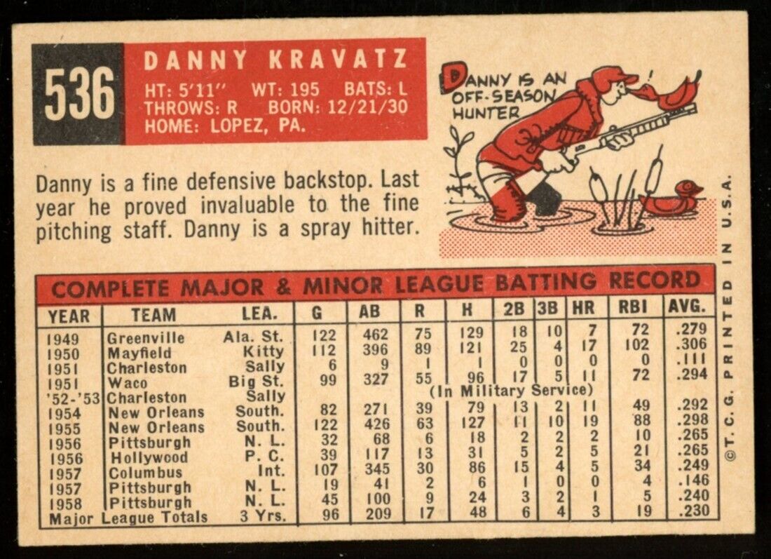 1959 Topps Baseball Danny Kravatz #536 Pittsburgh Pirates