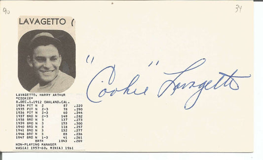 Cooke Lavagetto Brooklyn Dodgers Signed/Autographed 3x5 Index Card 150443