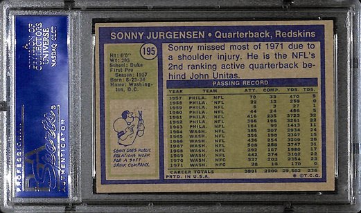 Sonny Jurgensen HOF Signed/Auto 1972 Topps Football Card #195 PSA/DNA 1878378