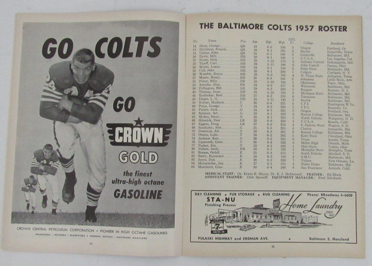 1957 Baltimore Colts vs. Chicago Bears Game Program 10/5/57 Memorial 136294