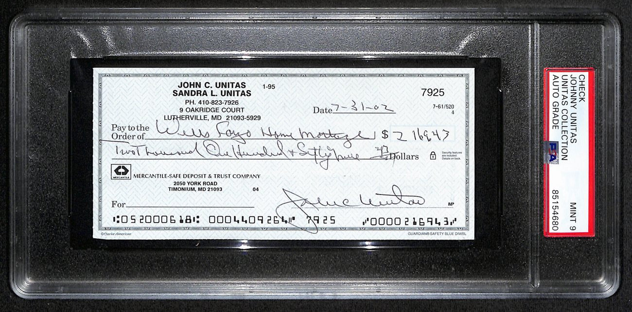 Johnny Unitas Signed 7/31/02 Check PSA/DNA MINT 9 188669