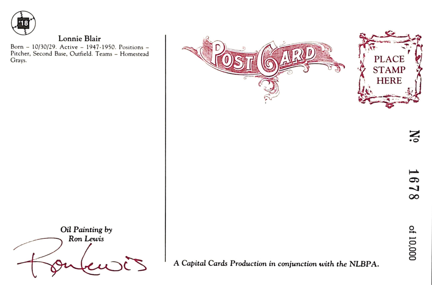 Lonnie Blair Unsigned Negro League - Homestead Grays Ron Lewis Post Card 181228