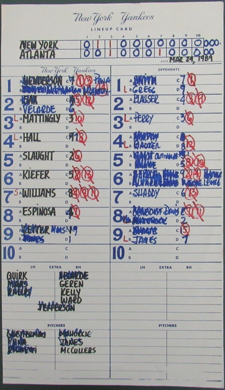1989 New York Yankees Spring Training 9x15 Lineup Card vs. Braves Murphy 151337