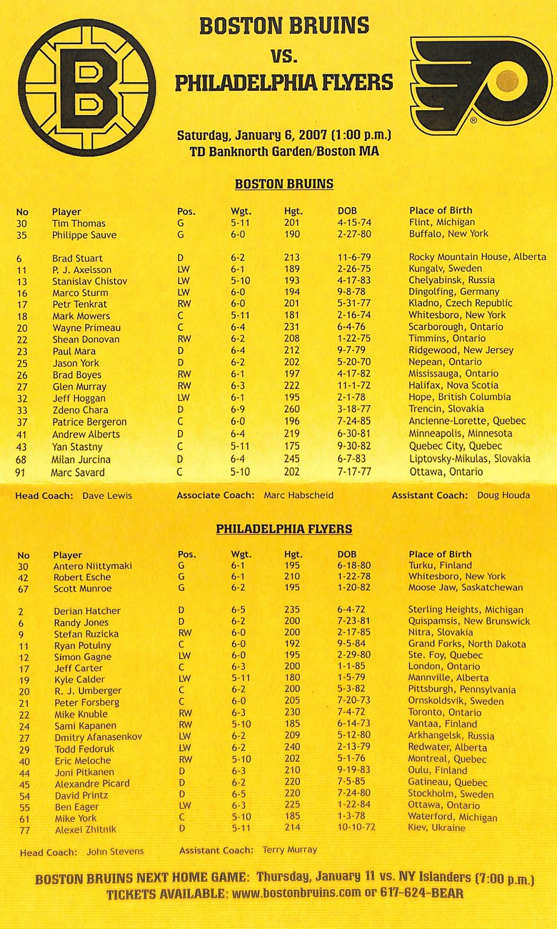 January 6 2007 Boston Bruins vs Flyers Game Program Glen Murray Cover 182035