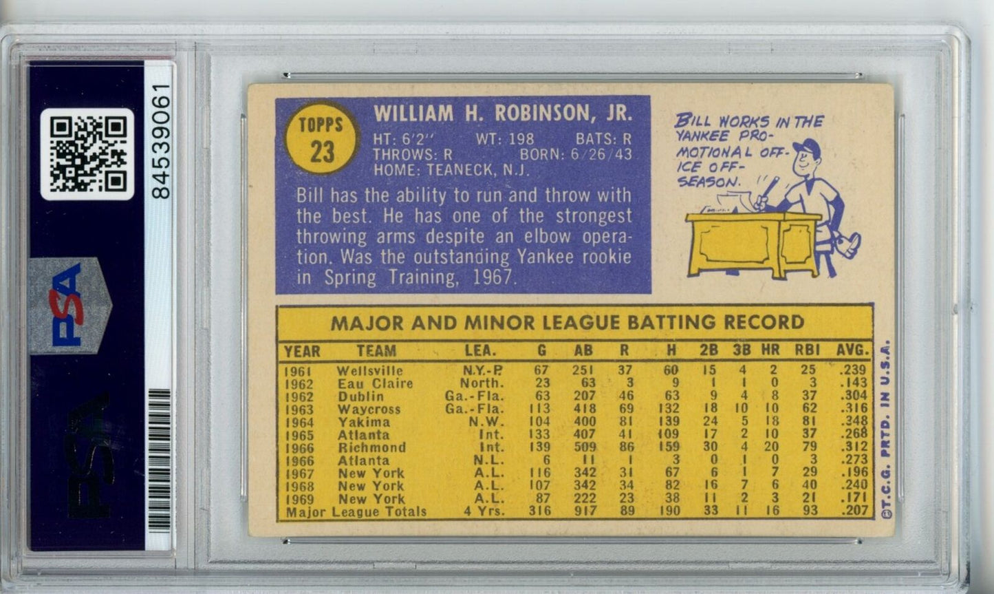 Bill Robinson Yankees Signed/Autographed 1970 TOPPS Card #23 PSA/DNA 166890
