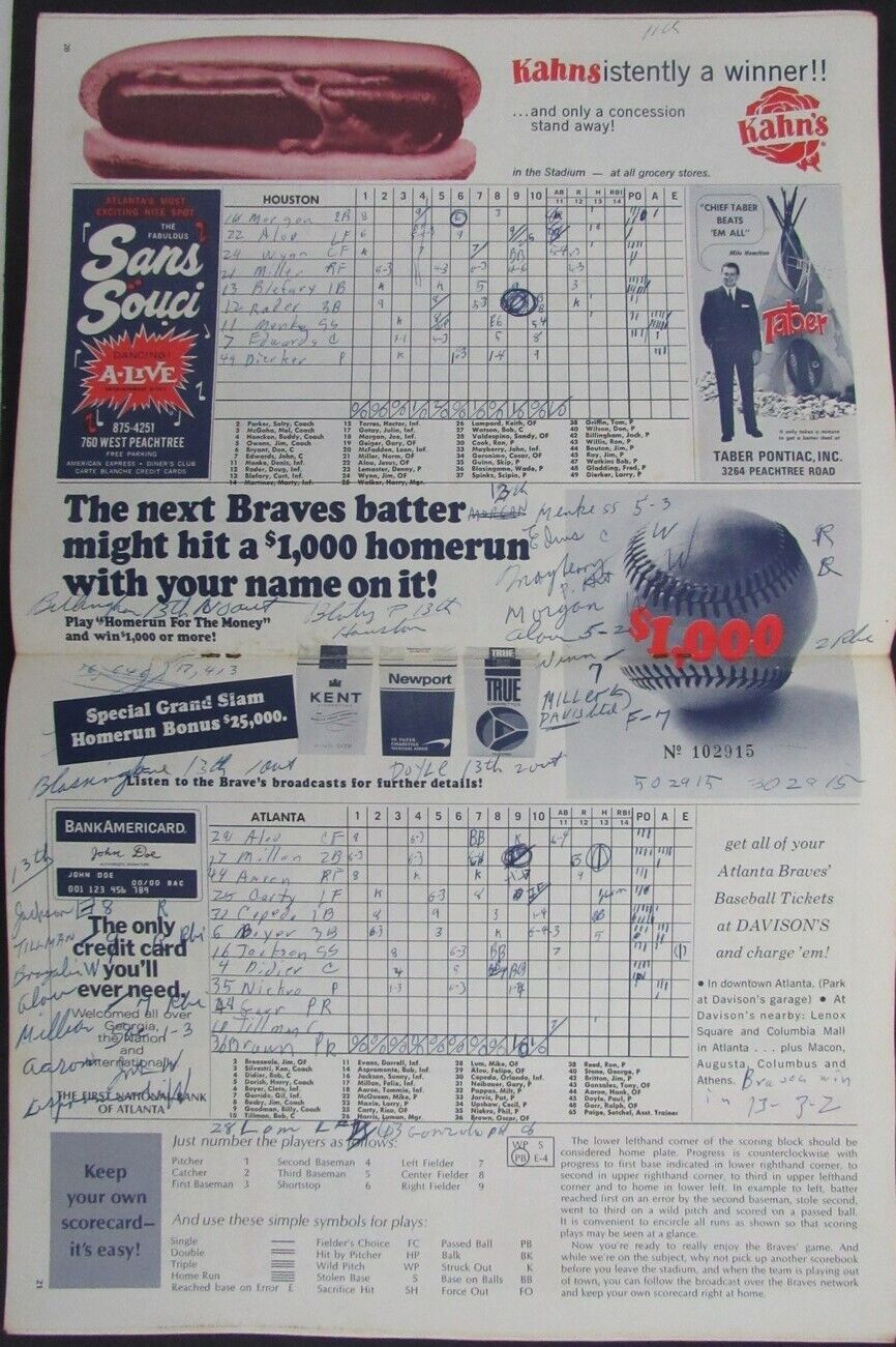 1969 Atlanta Braves vs. Houston Astros Multi-Autographed Program 178095