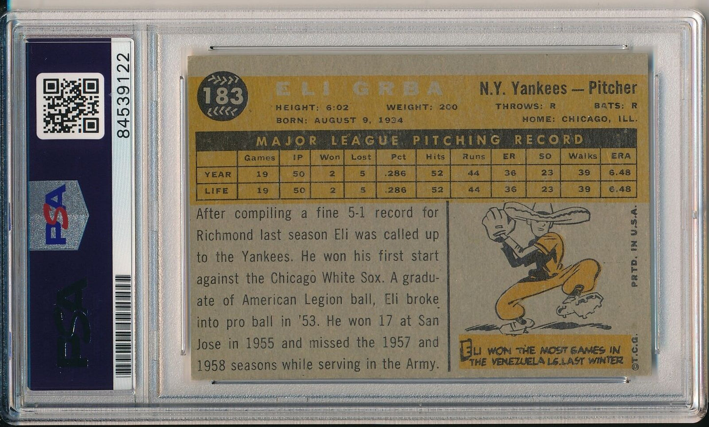 Eli Grba Yankees Signed/Autographed 1960 TOPPS Card #183 PSA/DNA 166820