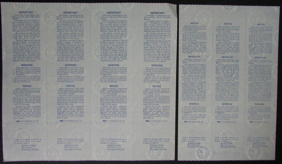 1981 Minnesota Twins Phantom World Series and ALCS Full Tickets 145454