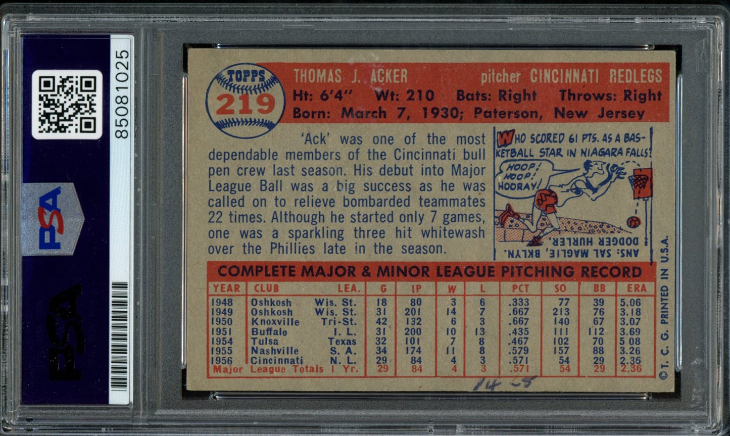 Tom Acker Signed 1957 Topps Card #219 Cincinnati Redlegs PSA/DNA 184189