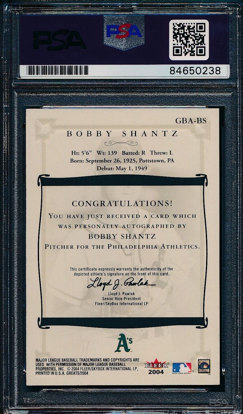2004 Fleer Greats of the Game Bobby Shantz Card Signed Phila Athletics PSA/DNA