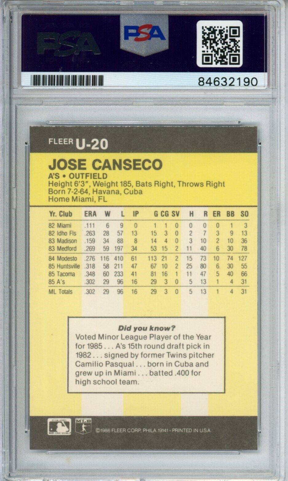 1986 Fleer Update Jose Canseco #U-20 Rookie Card Signed Oakland A's PSA/DNA