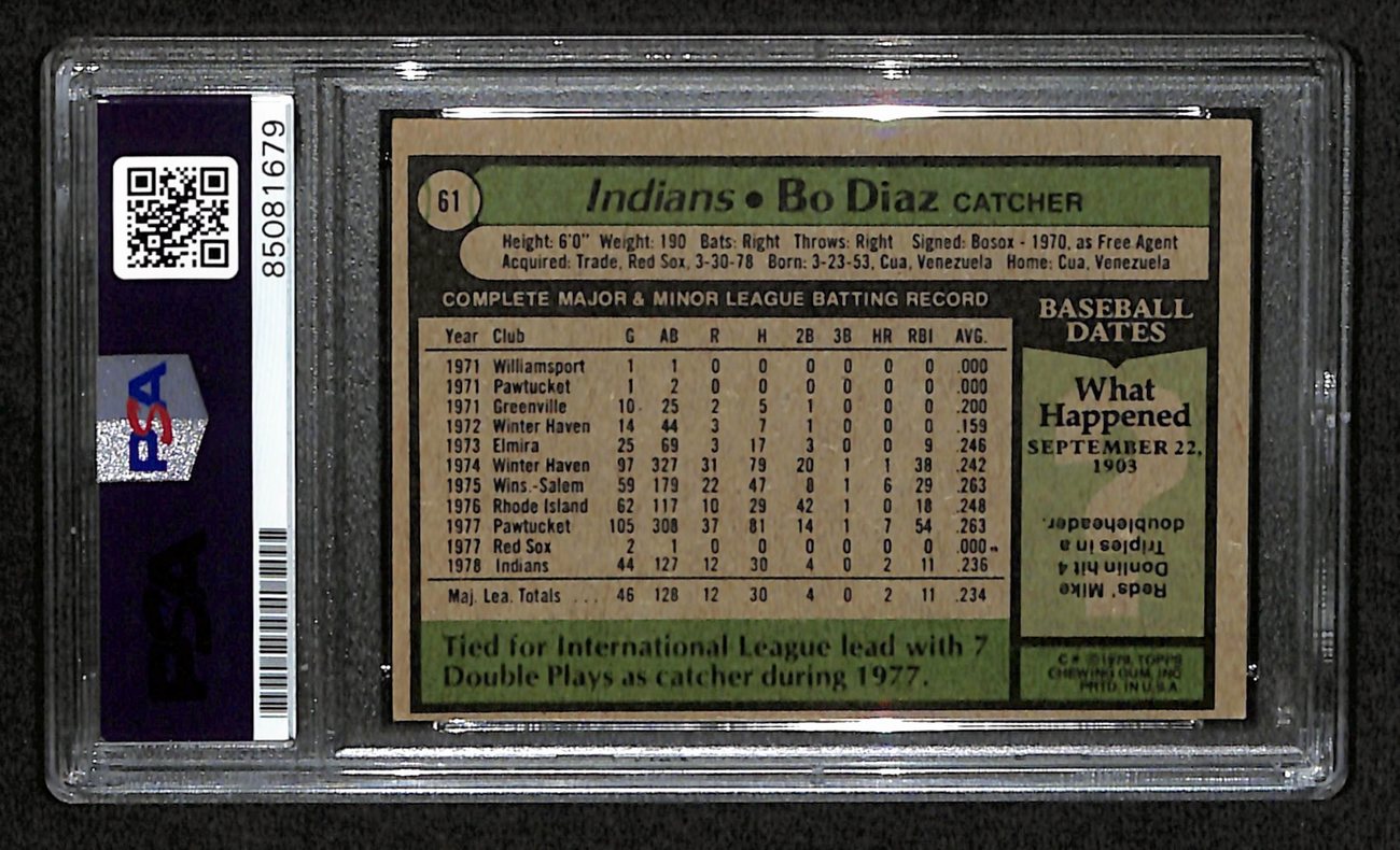 Bo Diaz Signed 1979 Topps Card #61 Cleveland Indians PSA/DNA 184539
