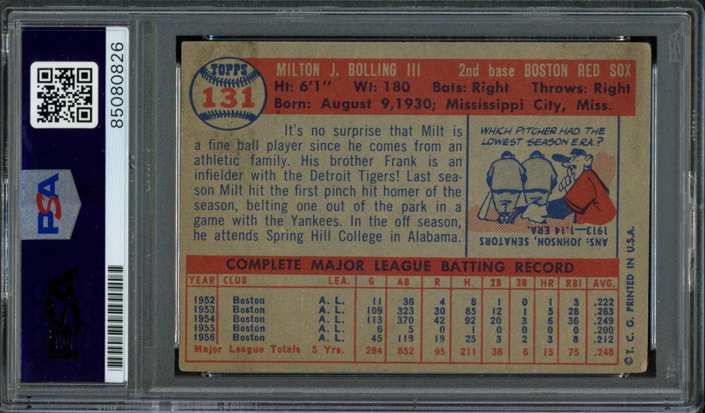 Milt Bolling Signed 1957 Topps Card #131 Boston Red Sox PSA/DNA 184142