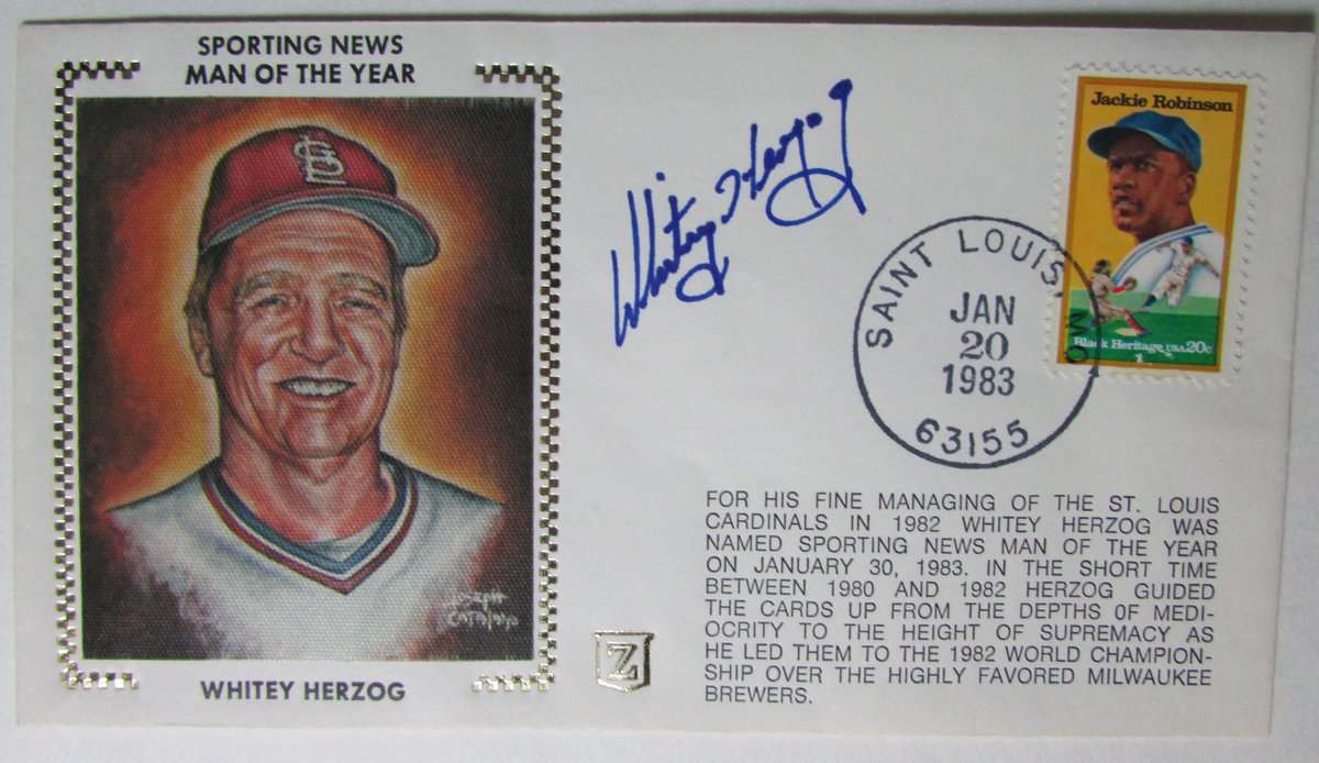 Whitey Herzog St. Louis Cardinals Signed Sporting News Man of Year Silk 147512