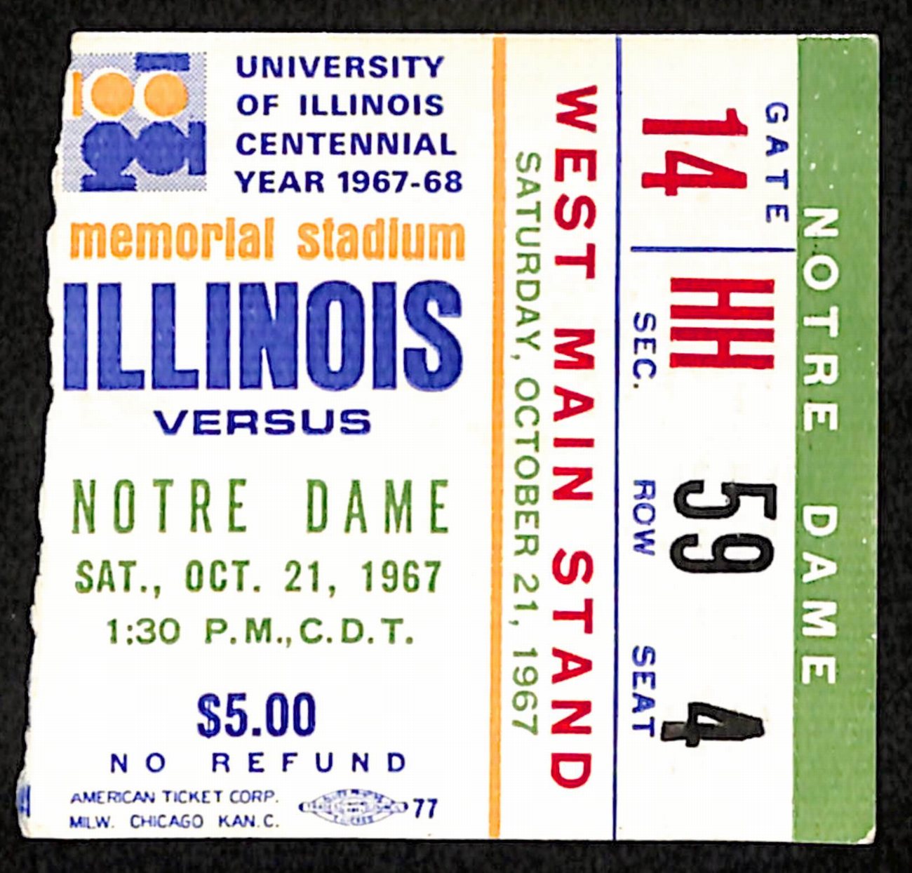 October 21, 1967 Notre Dame vs. Illinois Football Game Ticket Stub 190213