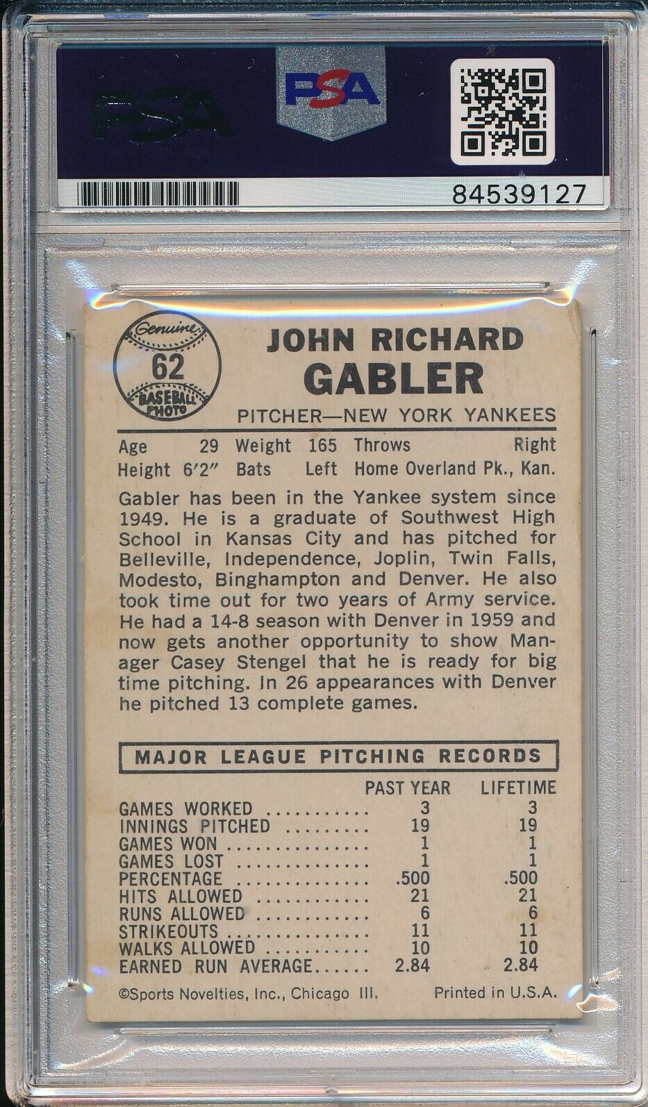 John Gabler Yankees Signed/Autographed 1960 Leaf Card #62 PSA/DNA 166807