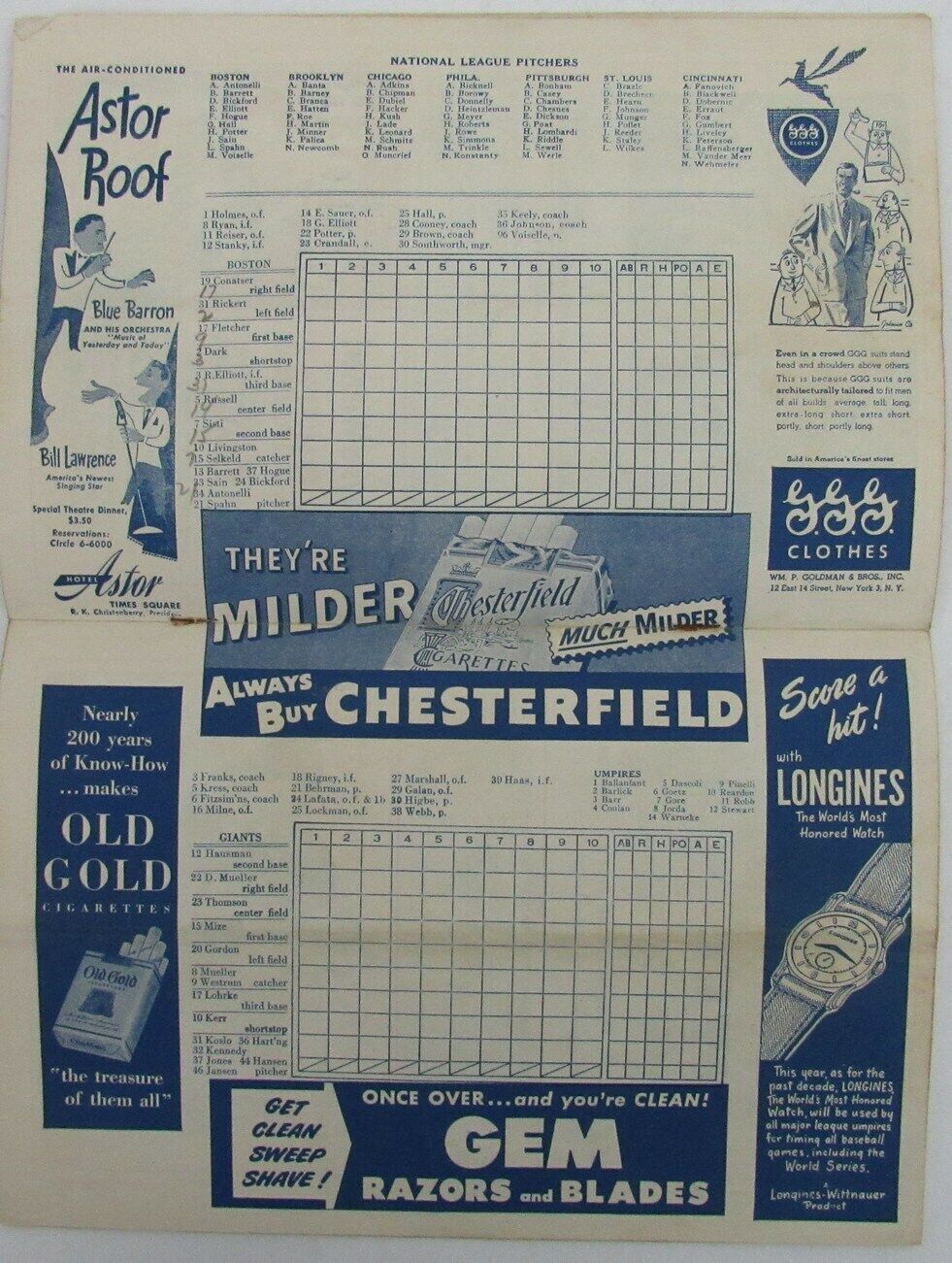 1949 New York Giants vs. Boston Braves Program & Score Card Spahn Durocher
