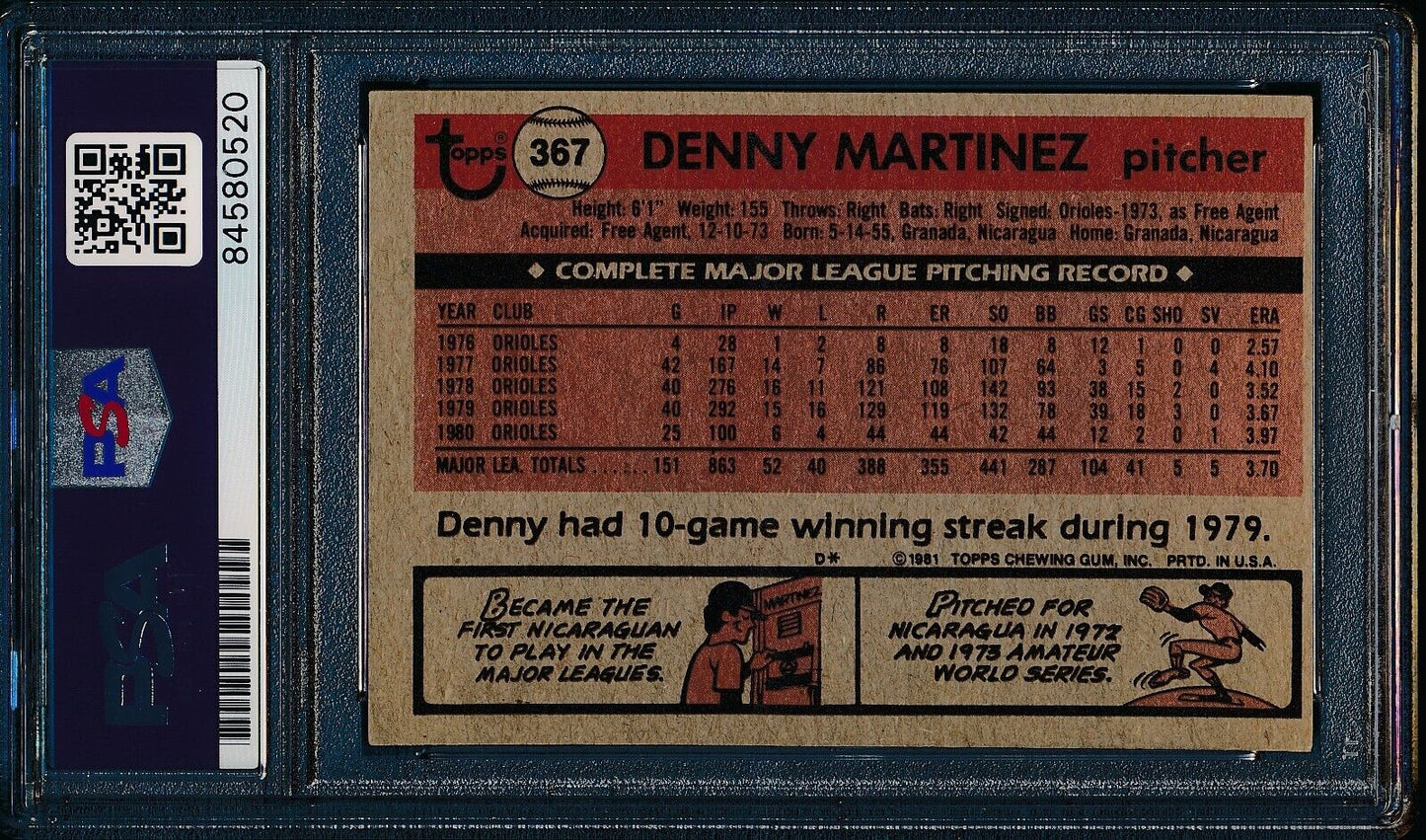 Denny Martinez Signed/Auto 1981 TOPPS Card #367 Baltimore Orioles PSA/DNA