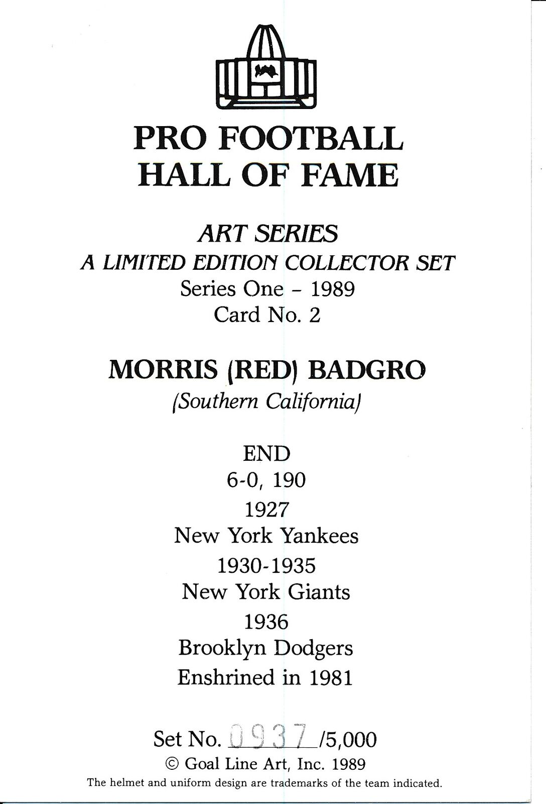 Morris Red Badgro HOF Giants Signed/Auto Goal Line Art GLAC Postcard 163846