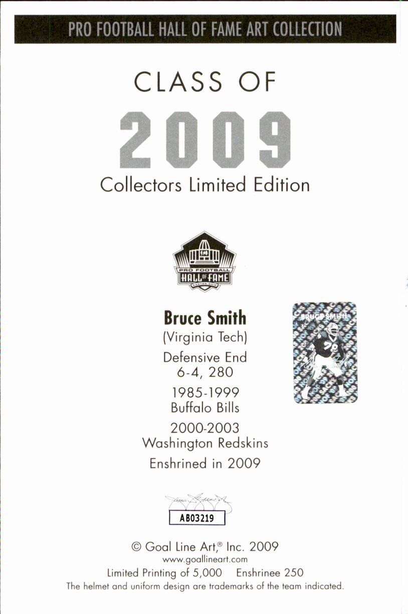 Bruce Smith HOF Bills Signed/Inscr Goal Line Art GLAC Postcard JSA 167106