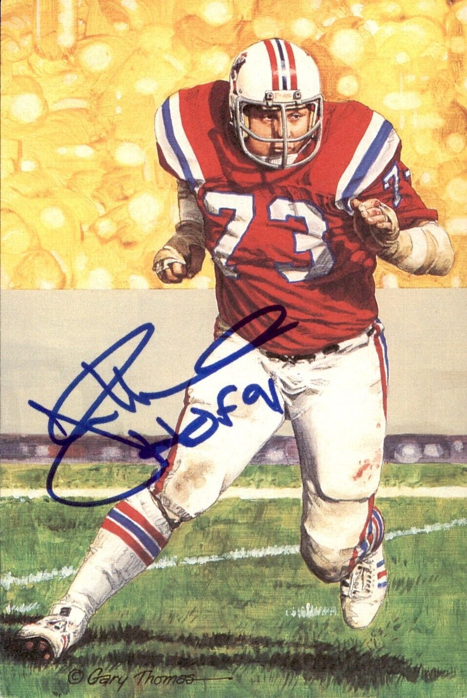 John Hannah HOF Autographed/Inscr Goal Line Art GLAC Postcard Patriots JSA